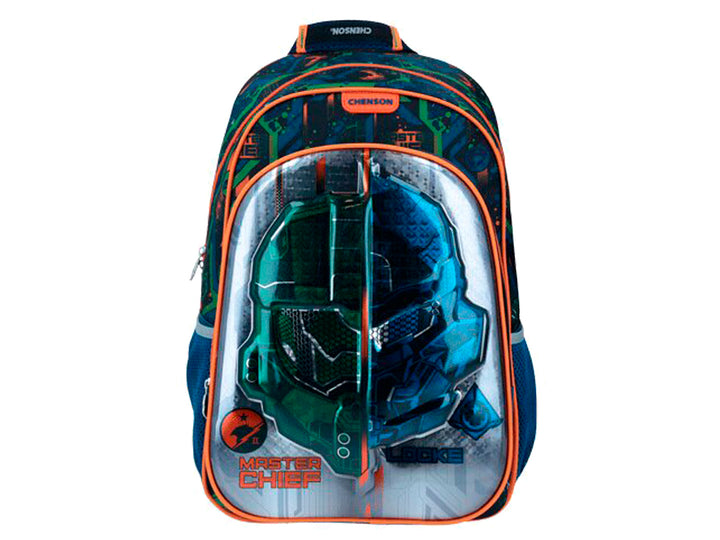 Mochila escolar Chenson temática de Halo con imágenes de Master Chief y Locke en colores verde, azul y naranja.