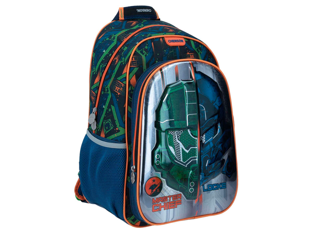 Mochila escolar Chenson temática de Halo con imágenes de Master Chief y Locke en colores verde, azul y naranja.