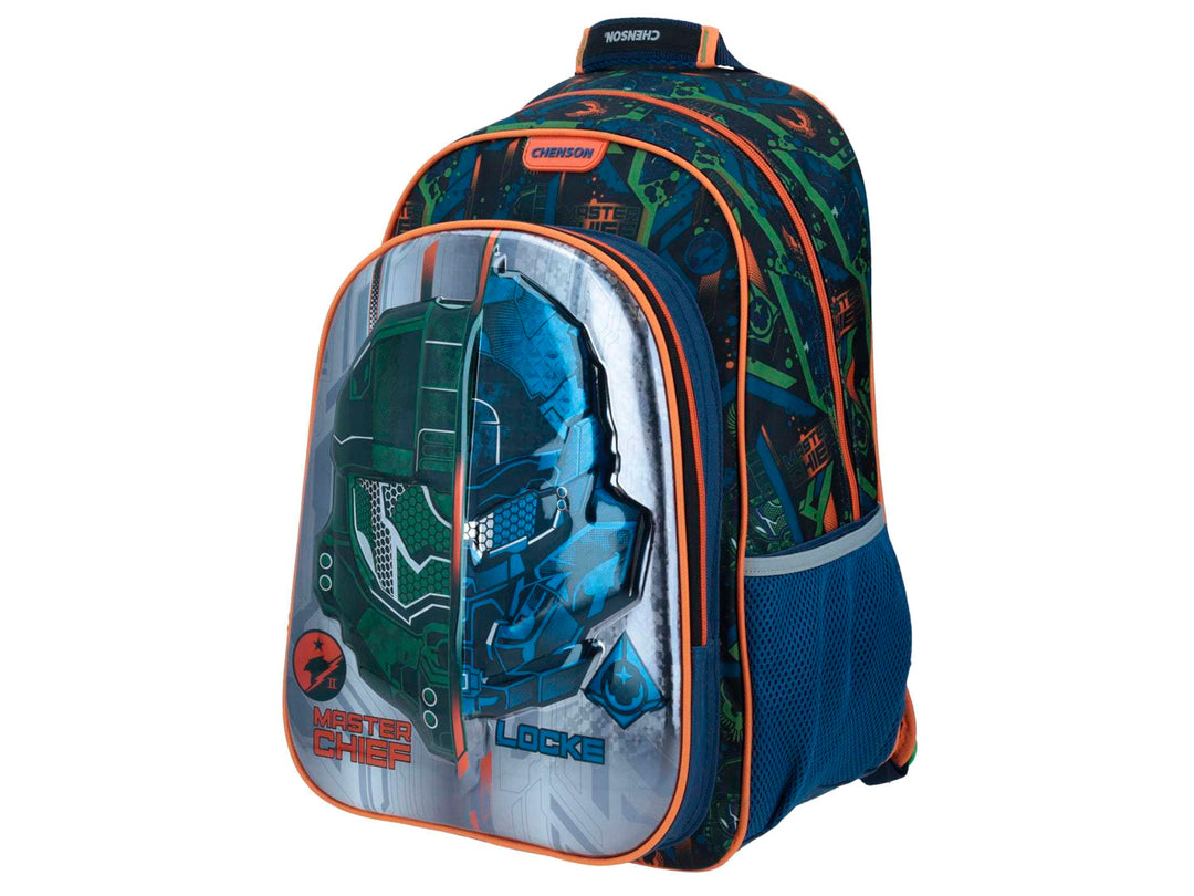 Mochila escolar Chenson temática de Halo con imágenes de Master Chief y Locke en colores verde, azul y naranja.