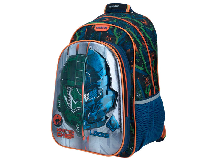 Mochila escolar Chenson temática de Halo con imágenes de Master Chief y Locke en colores verde, azul y naranja.