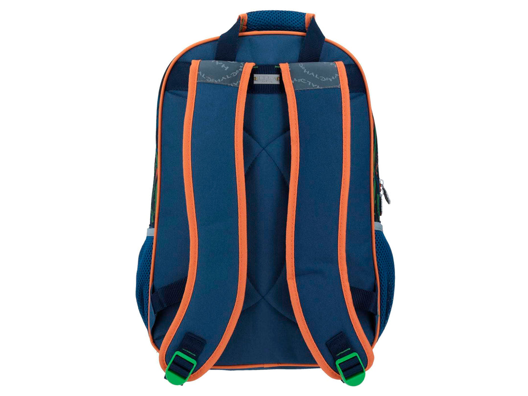 Mochila escolar Chenson temática de Halo con imágenes de Master Chief y Locke en colores verde, azul y naranja.