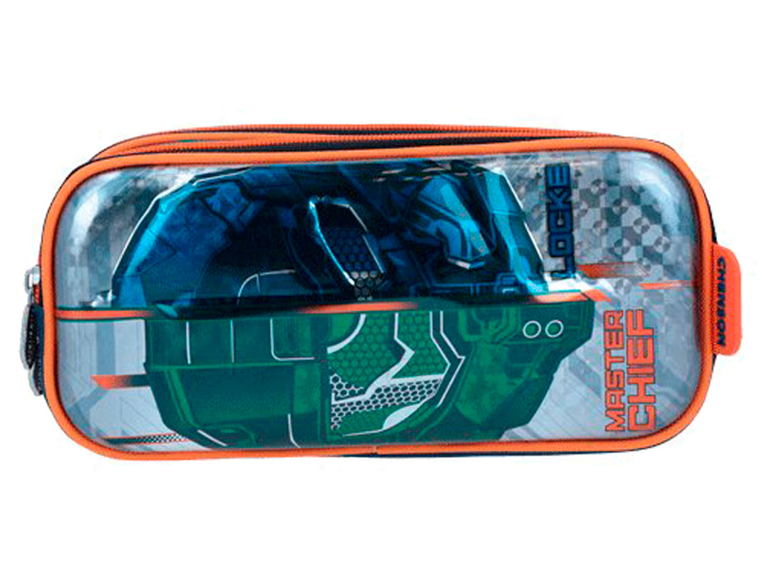 Lapicera infantil Chenson de Halo con diseño de Master Chief en colores azul, verde y naranja.