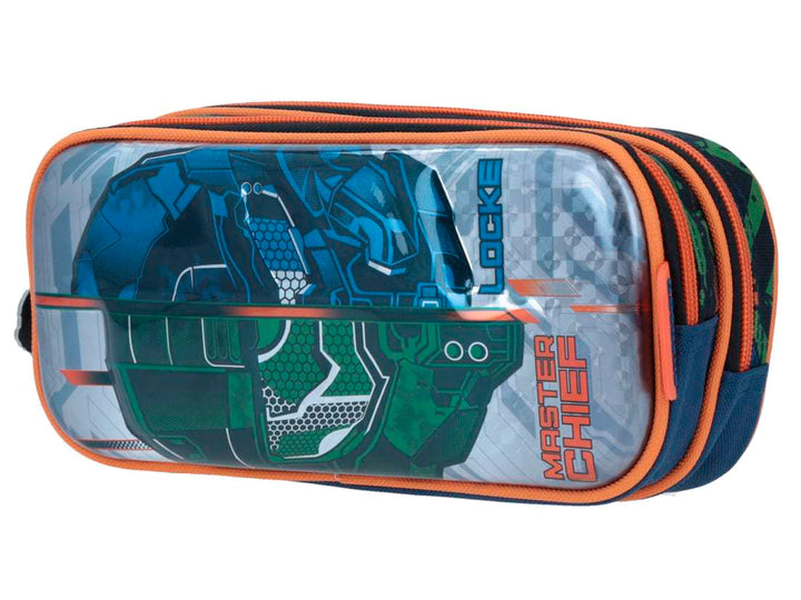 Lapicera infantil Chenson de Halo con diseño de Master Chief en colores azul, verde y naranja.