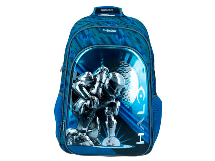 Mochila escolar infantil azul Chenson con diseño gráfico del videojuego Halo.