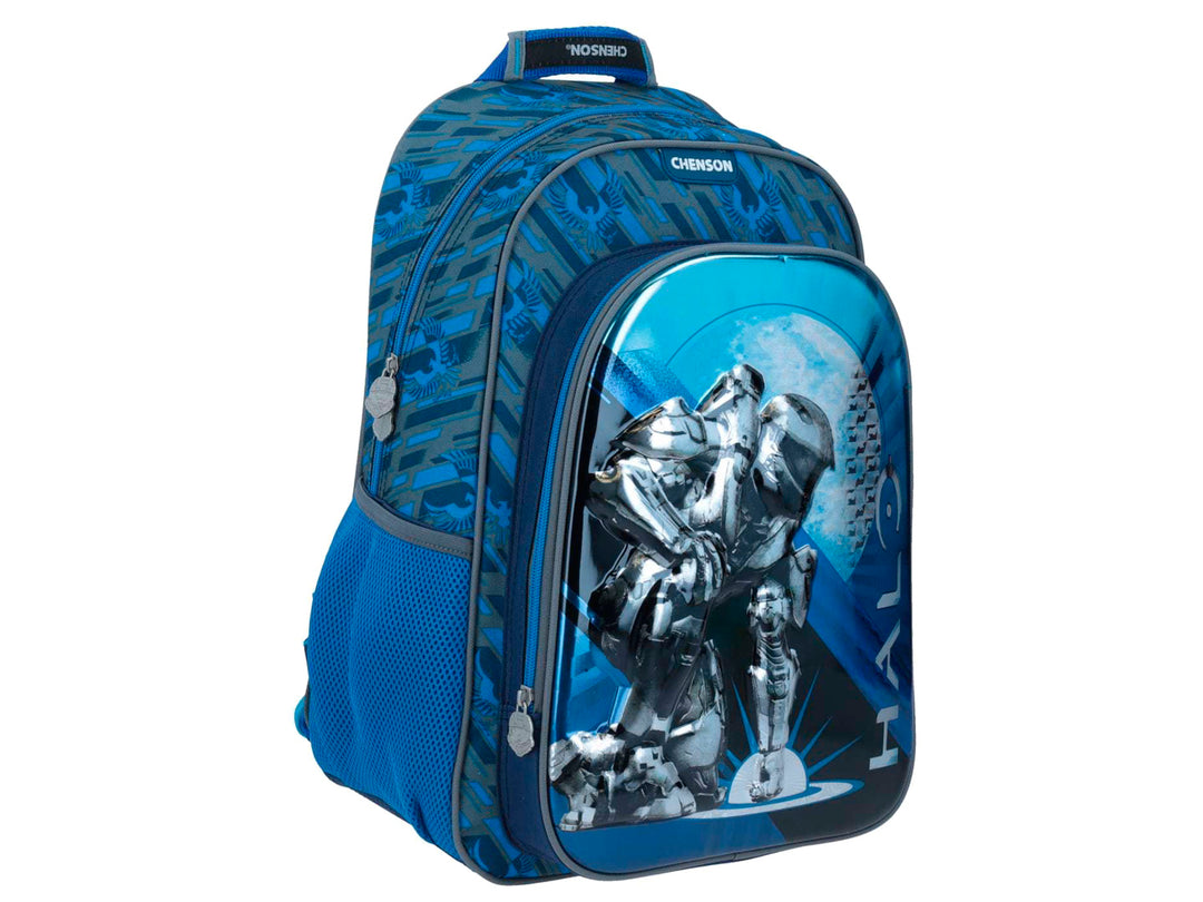 Mochila escolar infantil azul Chenson con diseño gráfico del videojuego Halo.