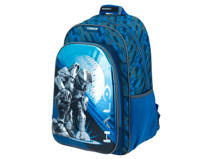 Mochila escolar infantil azul Chenson con diseño gráfico del videojuego Halo.