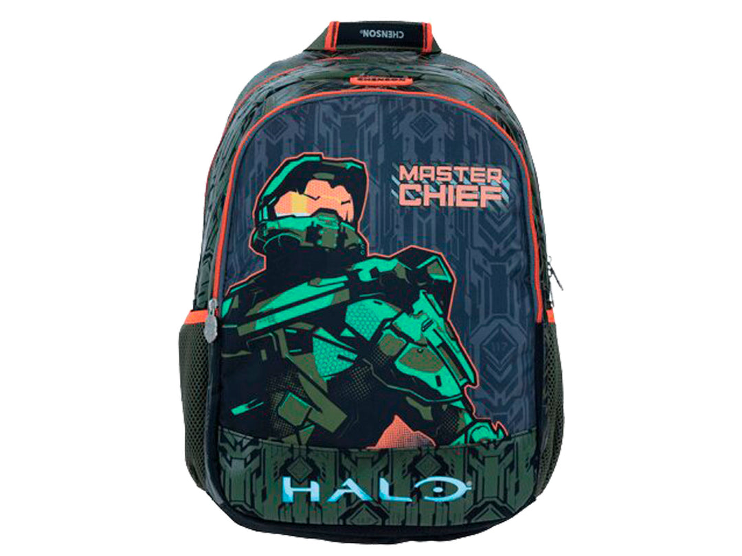 Mochila escolar infantil negra y verde con ilustración de Master Chief de Halo y detalles en naranja.