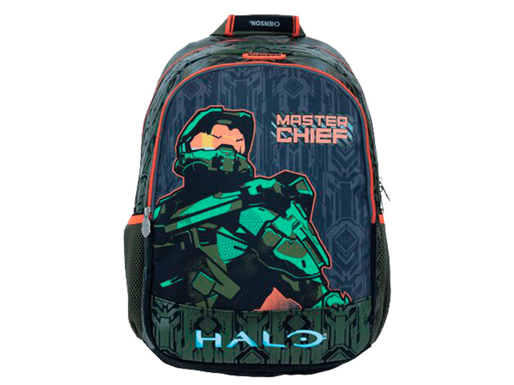 Mochila escolar infantil negra y verde con ilustración de Master Chief de Halo y detalles en naranja.