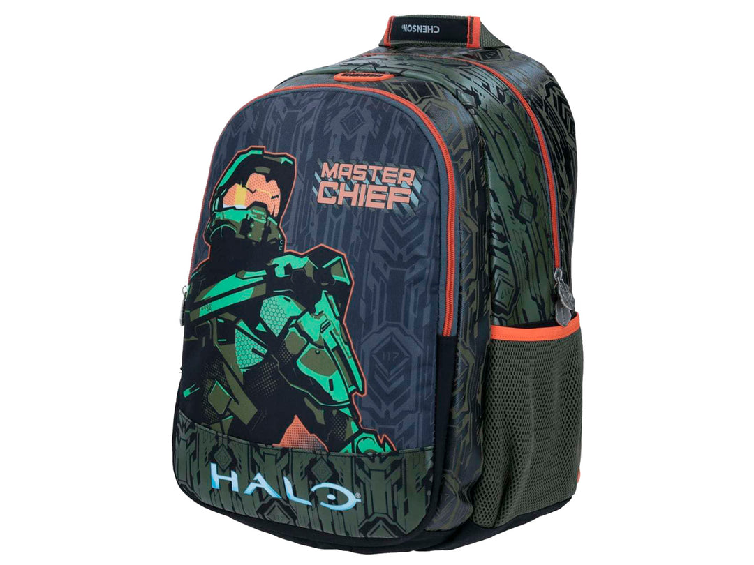 Mochila escolar infantil negra y verde con ilustración de Master Chief de Halo y detalles en naranja.