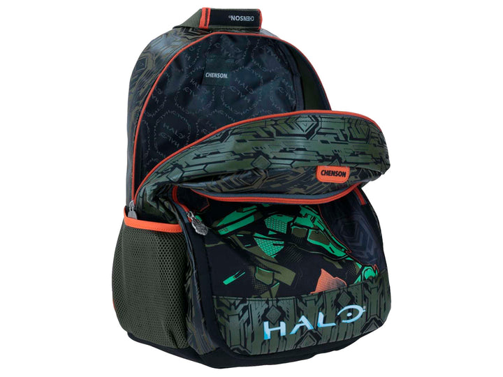 Mochila escolar infantil negra y verde con ilustración de Master Chief de Halo y detalles en naranja.
