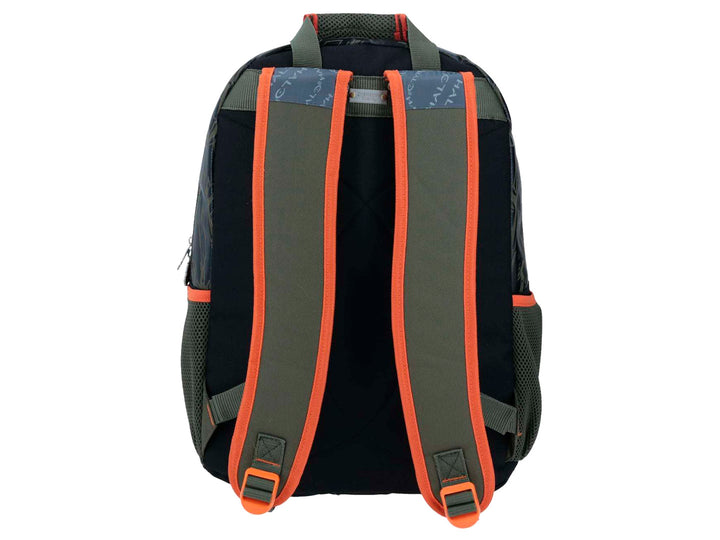 Mochila escolar infantil negra y verde con ilustración de Master Chief de Halo y detalles en naranja.