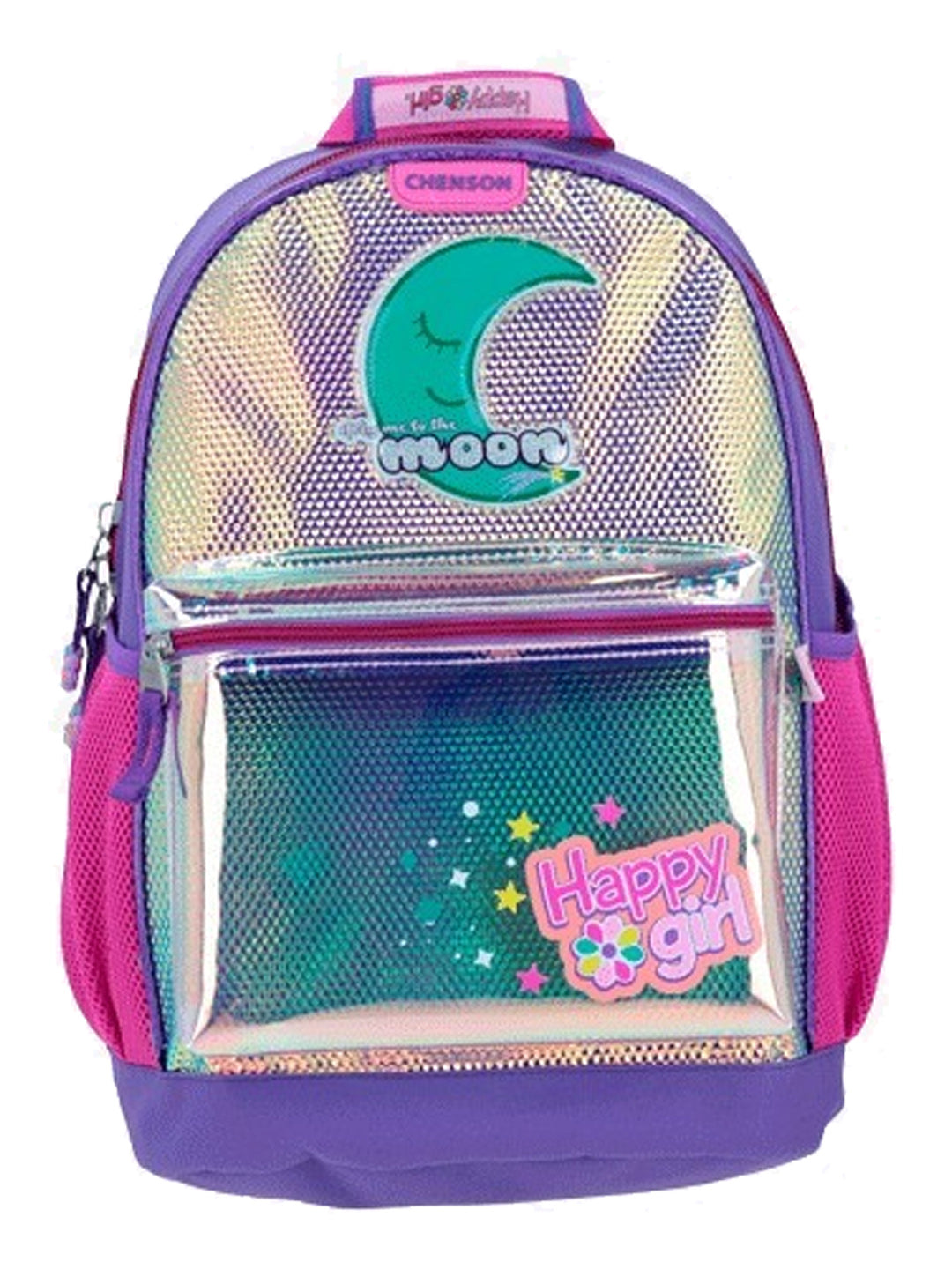 Mochila escolar Chenson Happy Girl para niña, colores morado y rosa con frente holográfico y dibujo de luna.