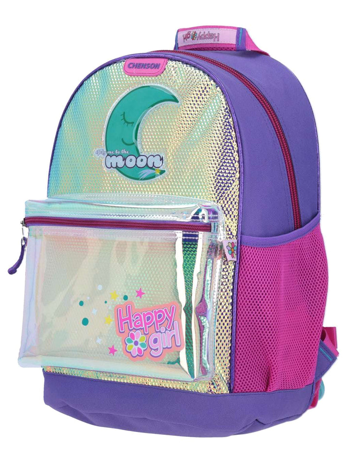 Mochila escolar Chenson Happy Girl para niña, colores morado y rosa con frente holográfico y dibujo de luna.