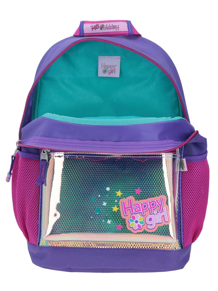 Mochila escolar Chenson Happy Girl para niña, colores morado y rosa con frente holográfico y dibujo de luna.