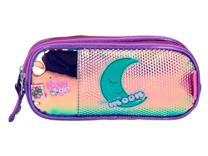 Lapicera infantil Chenson Happy Girl morada con acabado holográfico y dibujo de una luna turquesa.