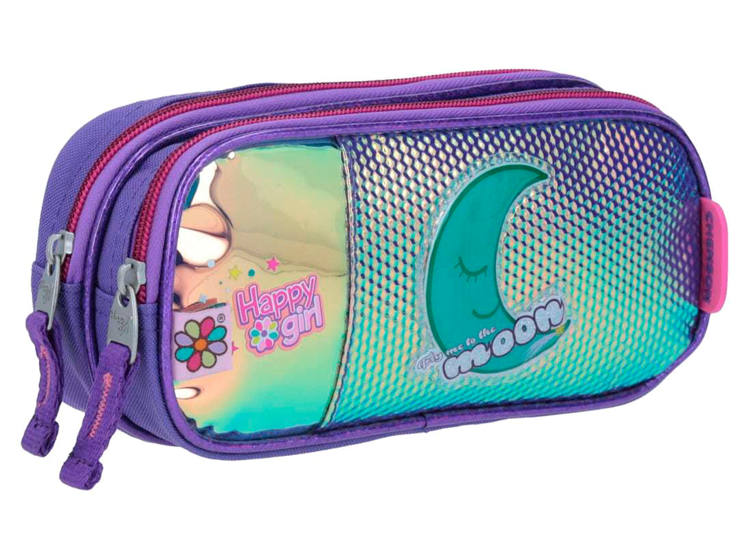 Lapicera infantil Chenson Happy Girl morada con acabado holográfico y dibujo de una luna turquesa.