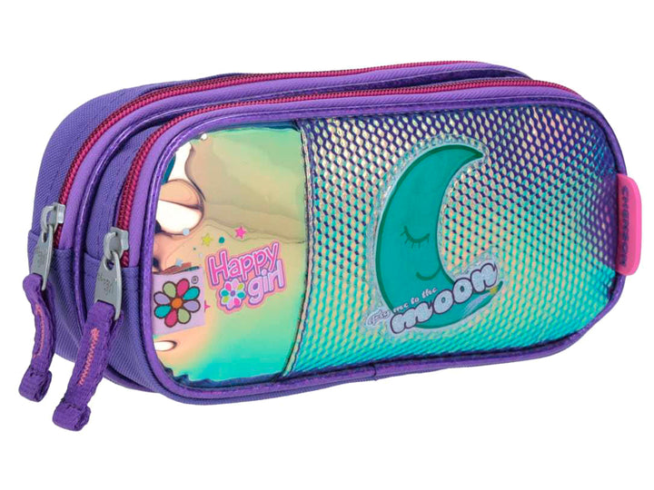 Lapicera infantil Chenson Happy Girl morada con acabado holográfico y dibujo de una luna turquesa.