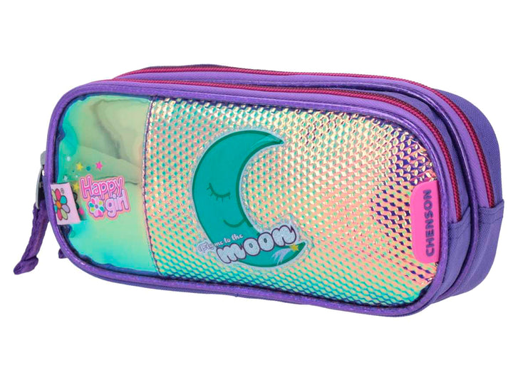 Lapicera infantil Chenson Happy Girl morada con acabado holográfico y dibujo de una luna turquesa.
