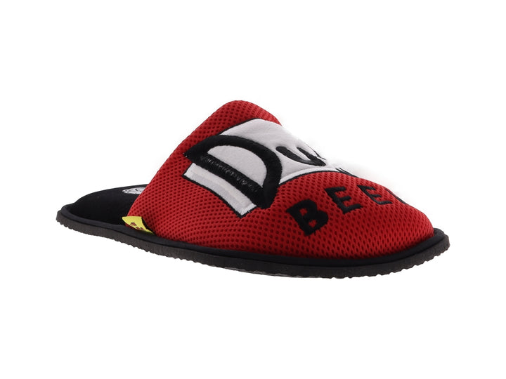 Pantuflas rojas de tela con diseño de Homero y suela negra para hombre.