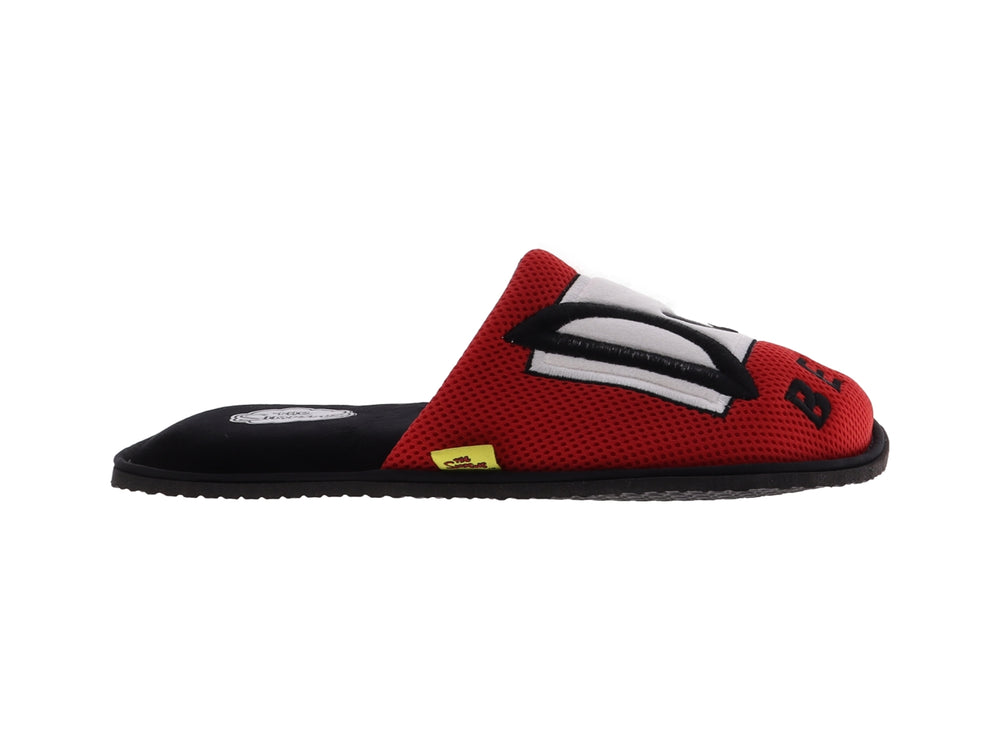 Pantuflas rojas de tela con diseño de Homero y suela negra para hombre.