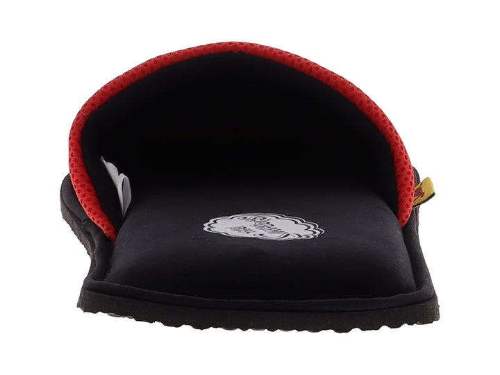 Pantuflas rojas de tela con diseño de Homero y suela negra para hombre.