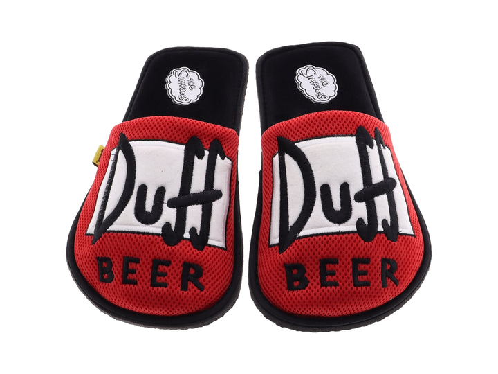 Pantuflas rojas de tela con diseño de Homero y suela negra para hombre.