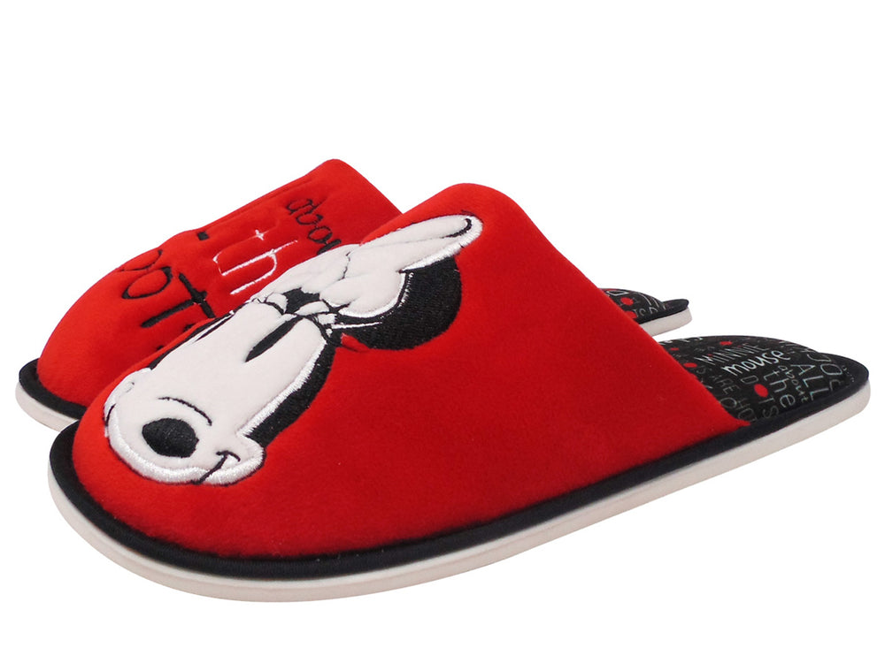 Pantuflas rojas de Minnie Mouse para mujer con detalles en negro y blanco.