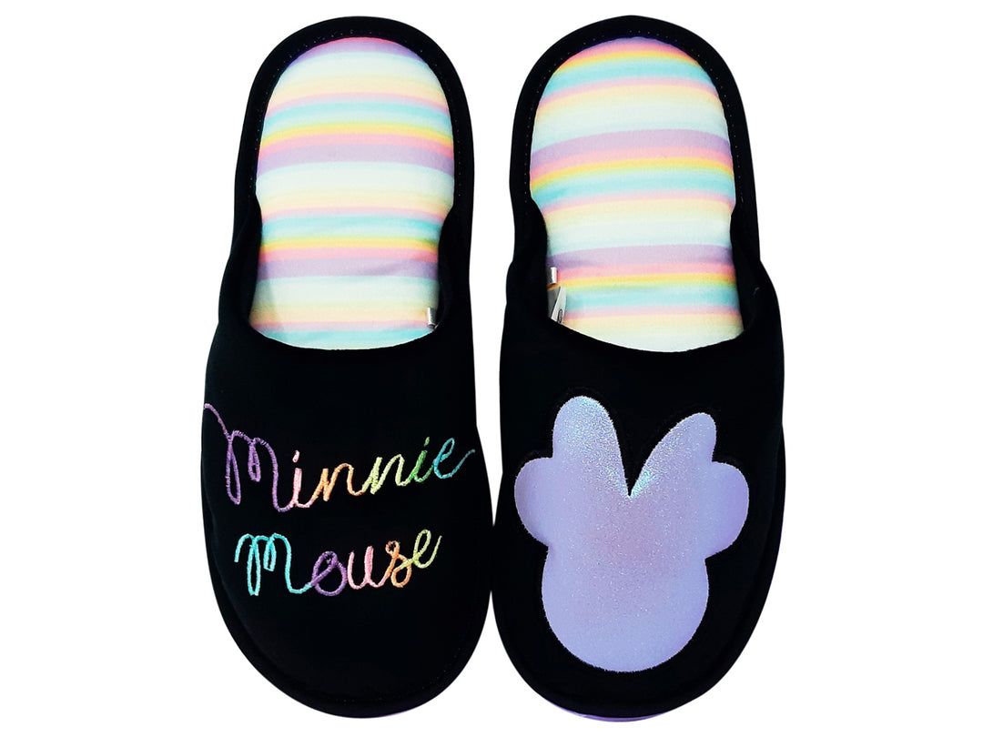 Pantuflas negras para mujer con interior de rayas multicolores y diseño de Minnie Mouse.