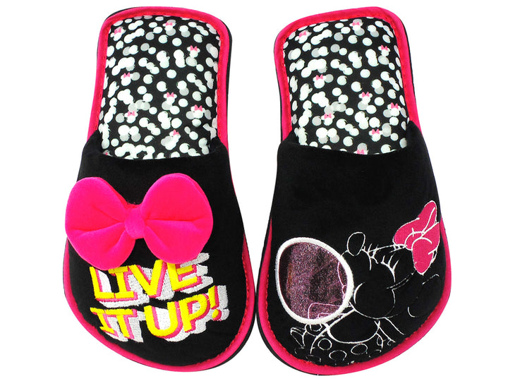 Pantuflas negras para mujer con moño rosa, lunares blancos y diseño de Minnie Mouse.