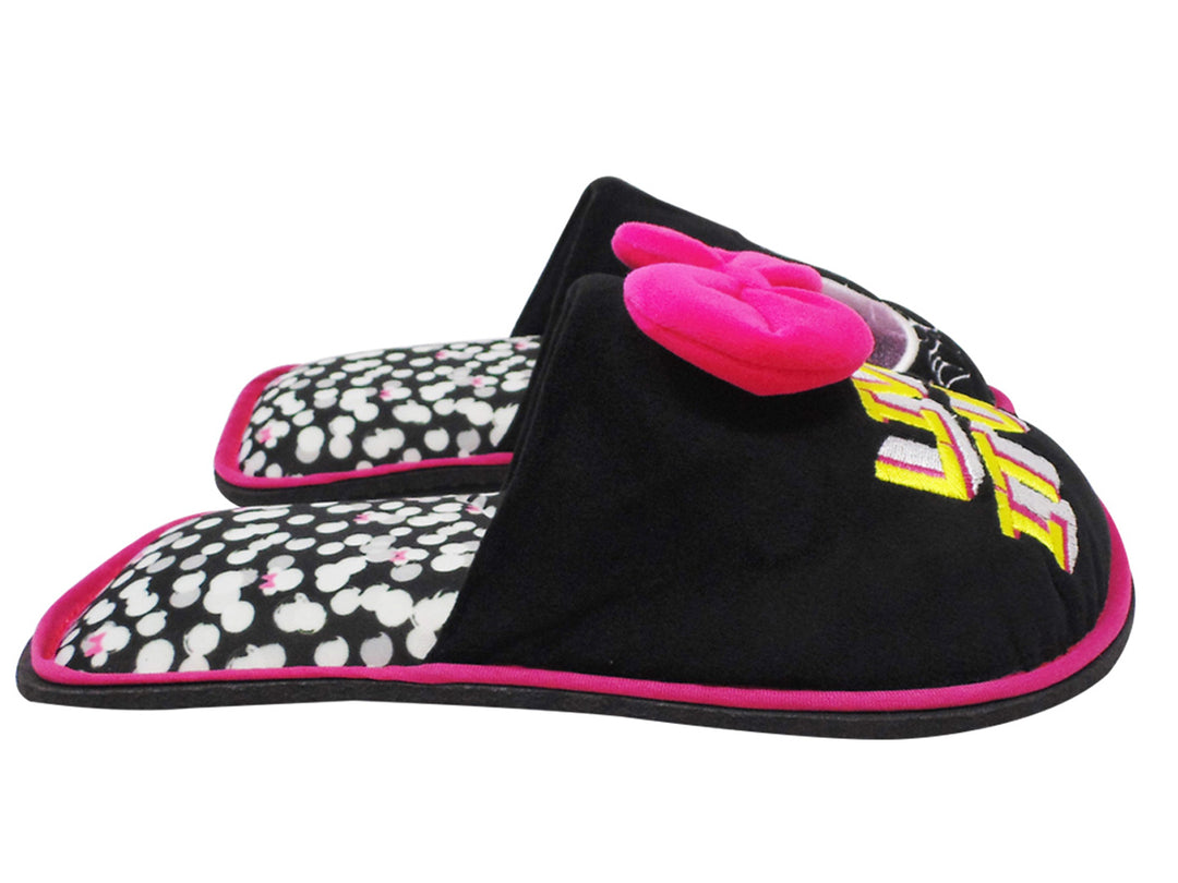 Pantuflas negras para mujer con moño rosa, lunares blancos y diseño de Minnie Mouse.
