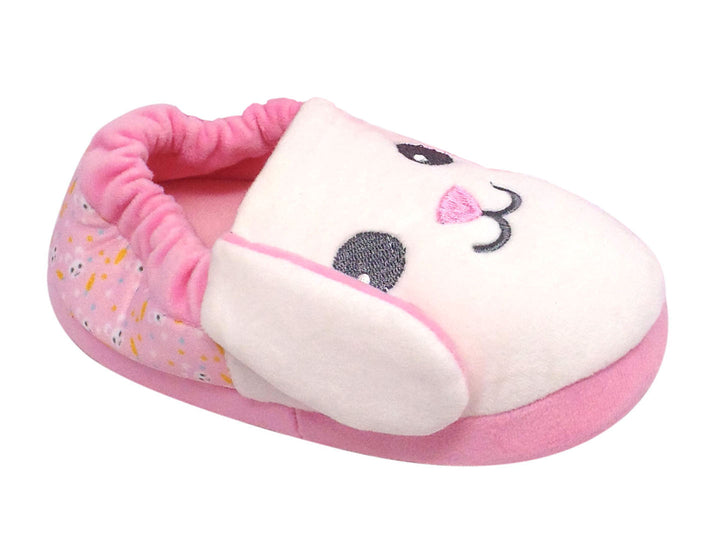 Pantuflas para niña con diseño de conejo en colores rosa y blanco.