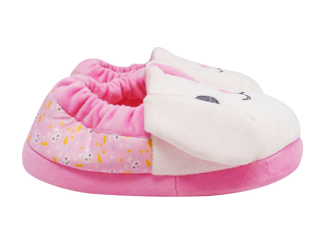 Pantuflas para niña con diseño de conejo en colores rosa y blanco.