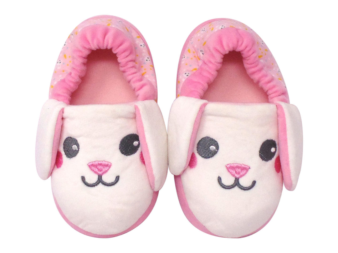 Pantuflas para niña con diseño de conejo en colores rosa y blanco.