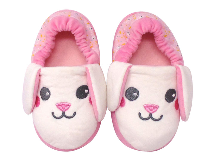 Pantuflas para niña con diseño de conejo en colores rosa y blanco.