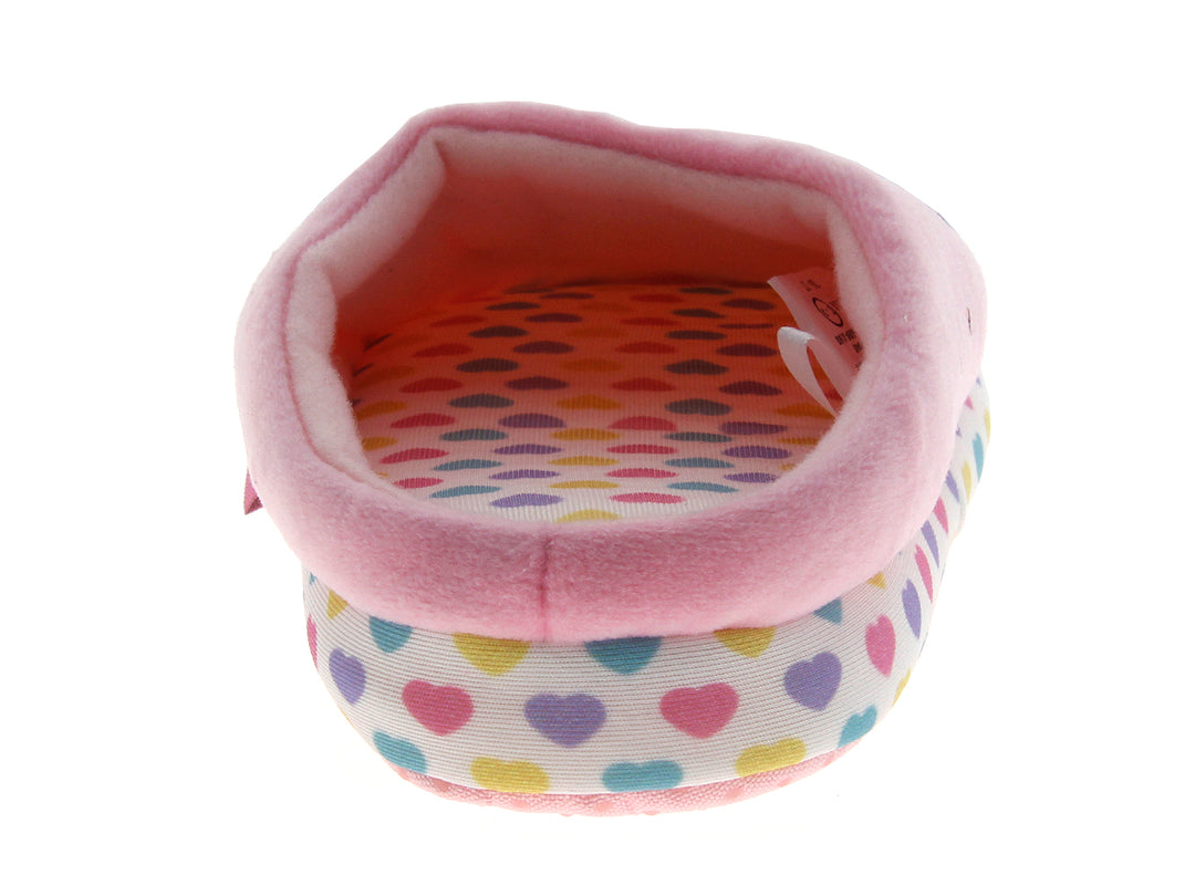 Pantuflas rosas para niña con diseño de unicornio y suela blanca con corazones de colores.