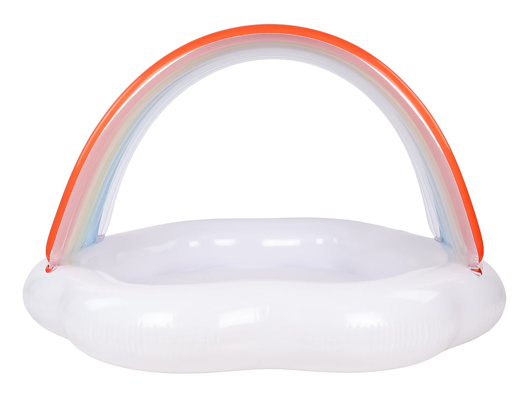 Alberca inflable para bebé de marca Intex con base blanca y un arco multicolor en forma de arcoíris.