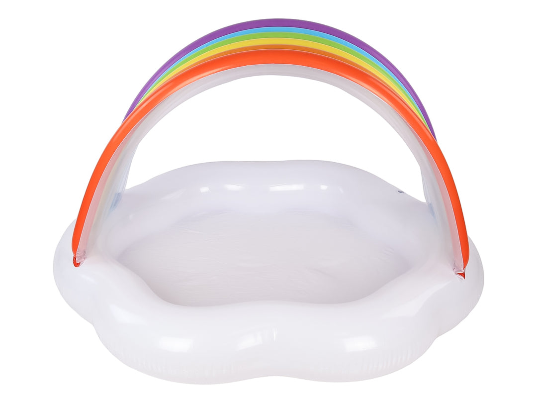 Alberca inflable para bebé de marca Intex con base blanca y un arco multicolor en forma de arcoíris.