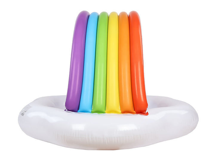 Alberca inflable para bebé de marca Intex con base blanca y un arco multicolor en forma de arcoíris.