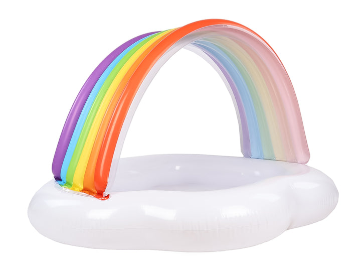 Alberca inflable para bebé de marca Intex con base blanca y un arco multicolor en forma de arcoíris.
