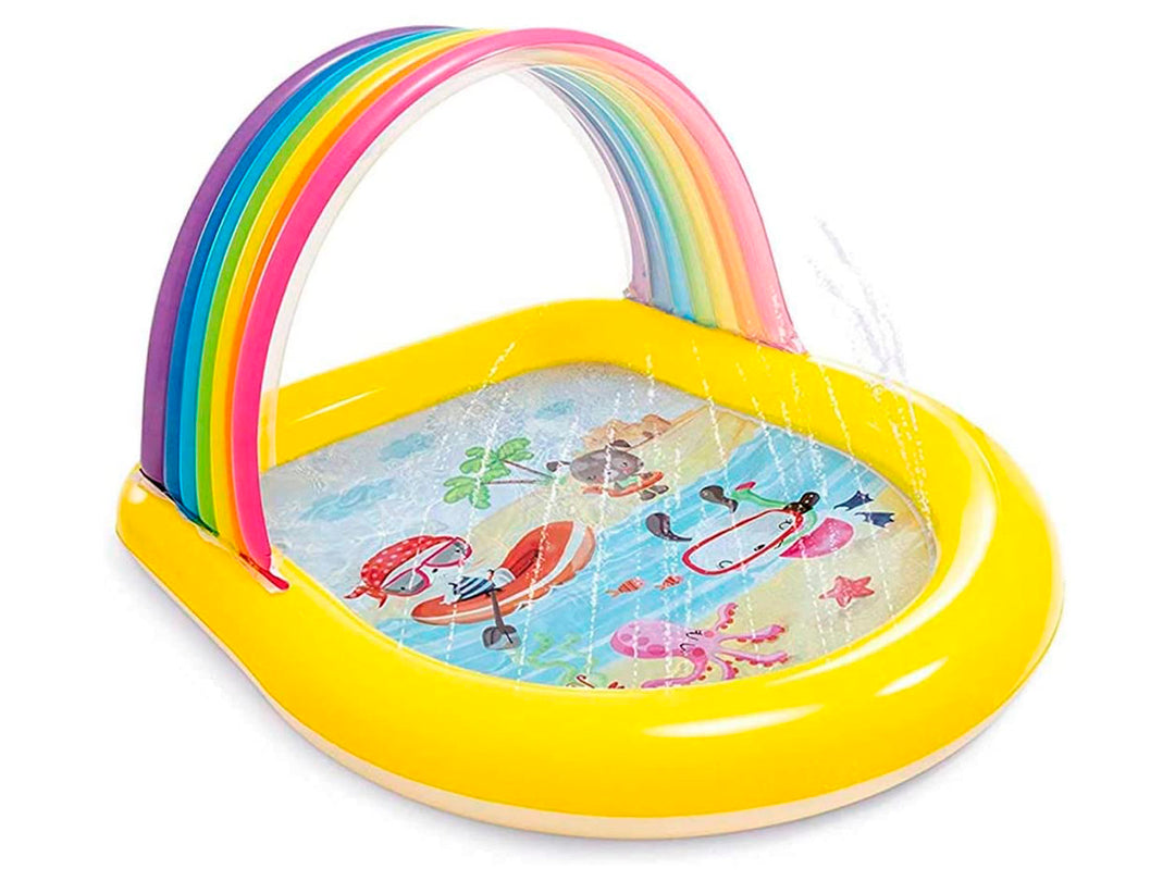 Alberca inflable para bebé color amarillo con arco iris aspersor de agua.