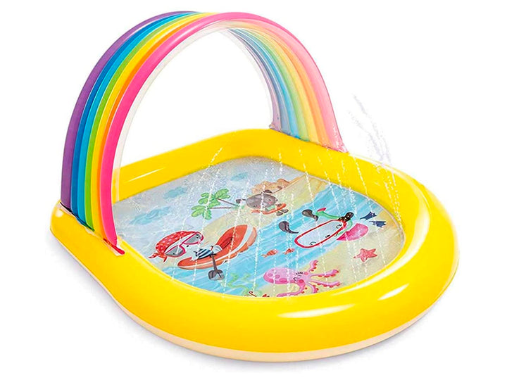Alberca inflable para bebé color amarillo con arco iris aspersor de agua.