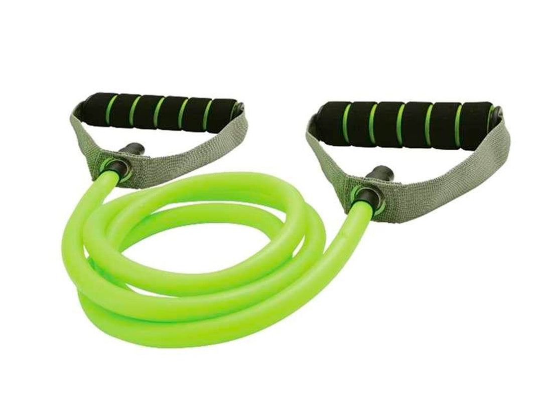 Liga de resistencia color verde neón con manerales negros y grises para entrenamiento físico.