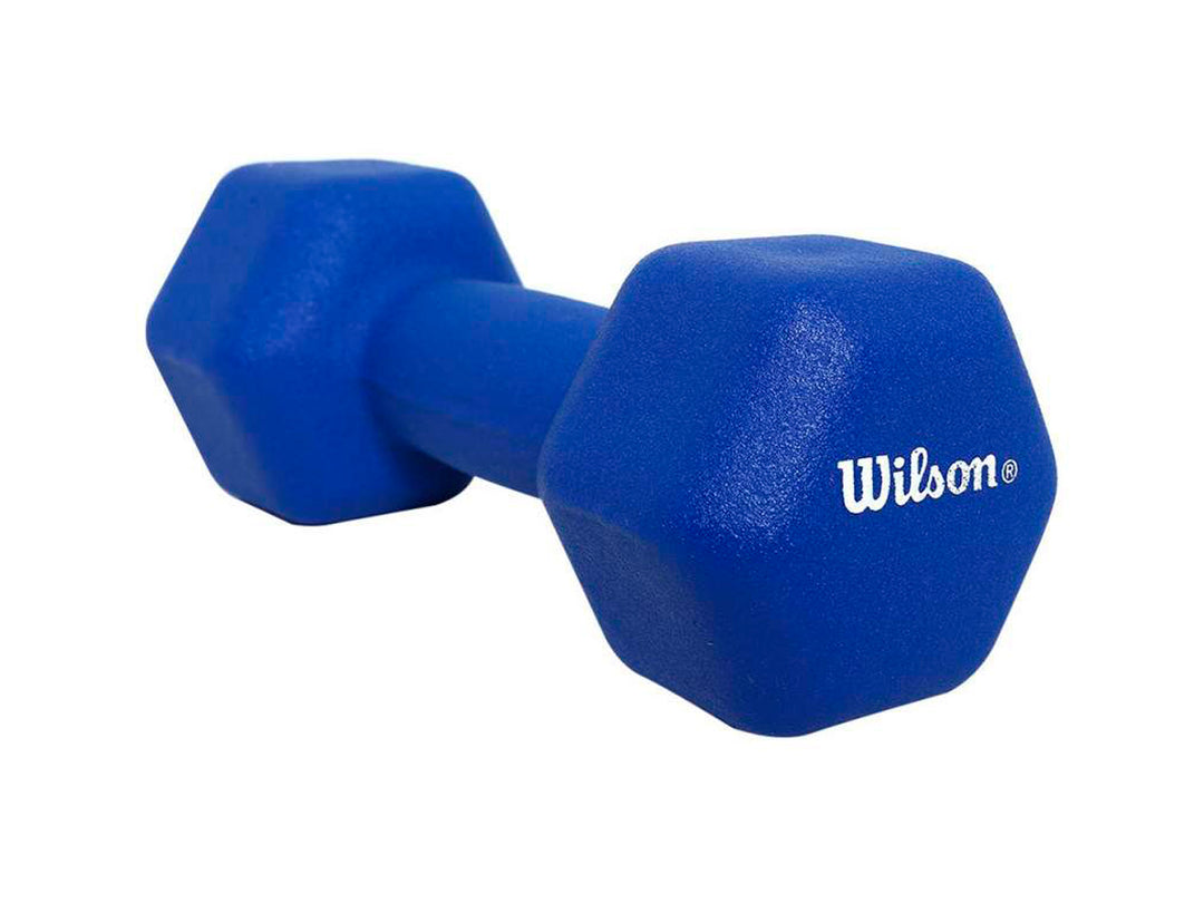 Mancuerna de neopreno color azul de la marca Wilson con forma hexagonal.
