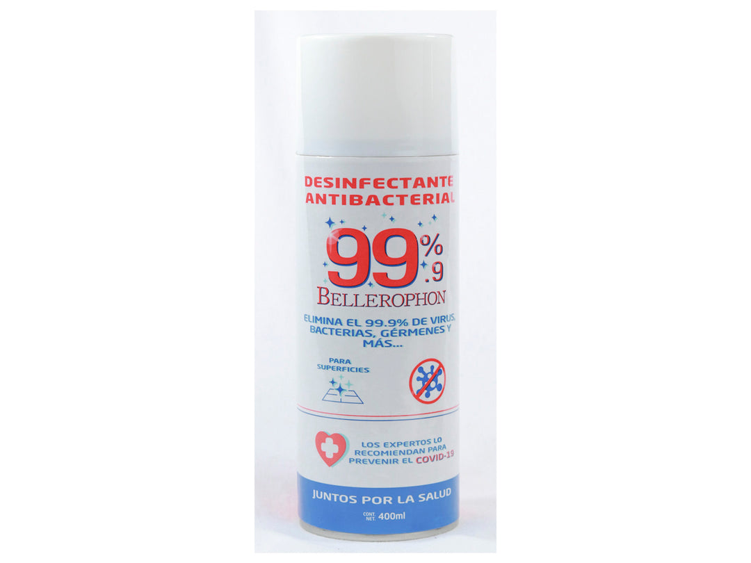 Envase cilíndrico blanco de desinfectante antibacterial Bellerophon con texto en rojo y azul.