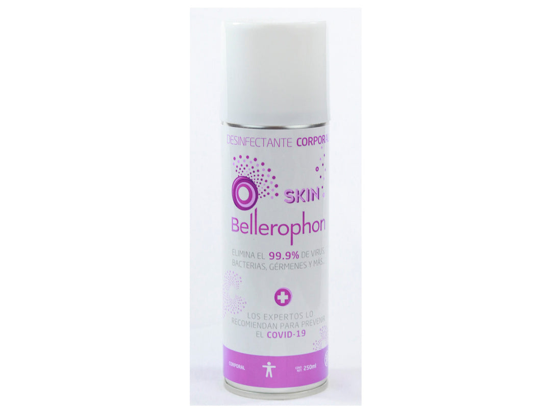 Envase cilíndrico blanco de desinfectante corporal Bellerophon Skin con detalles y letras en color morado.