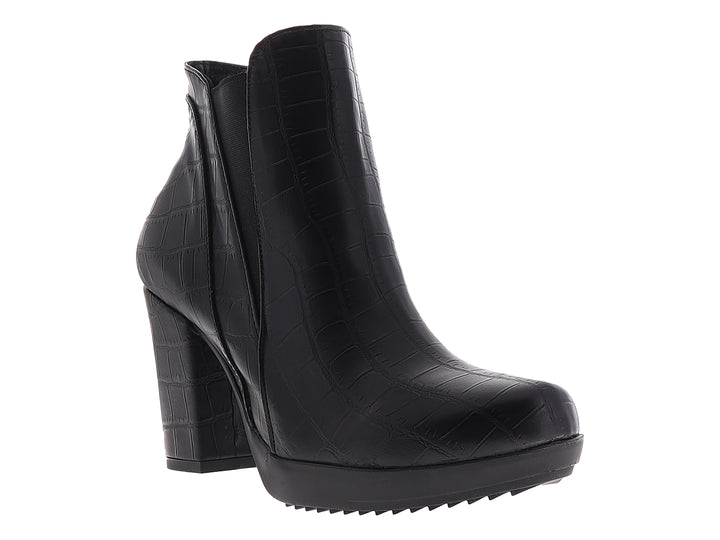 Botines negros para mujer con tacón cuadrado y textura de piel de cocodrilo.