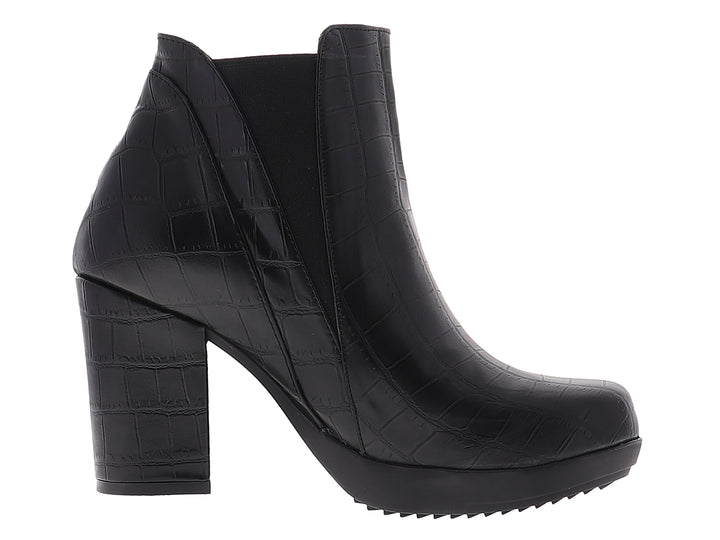 Botines negros para mujer con tacón cuadrado y textura de piel de cocodrilo.