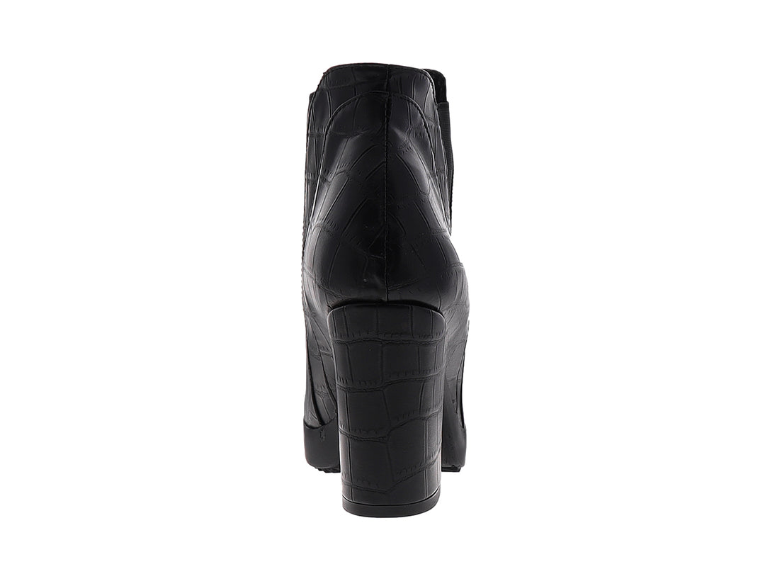 Botines negros para mujer con tacón cuadrado y textura de piel de cocodrilo.