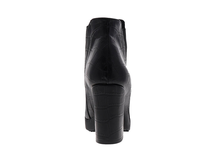 Botines negros para mujer con tacón cuadrado y textura de piel de cocodrilo.