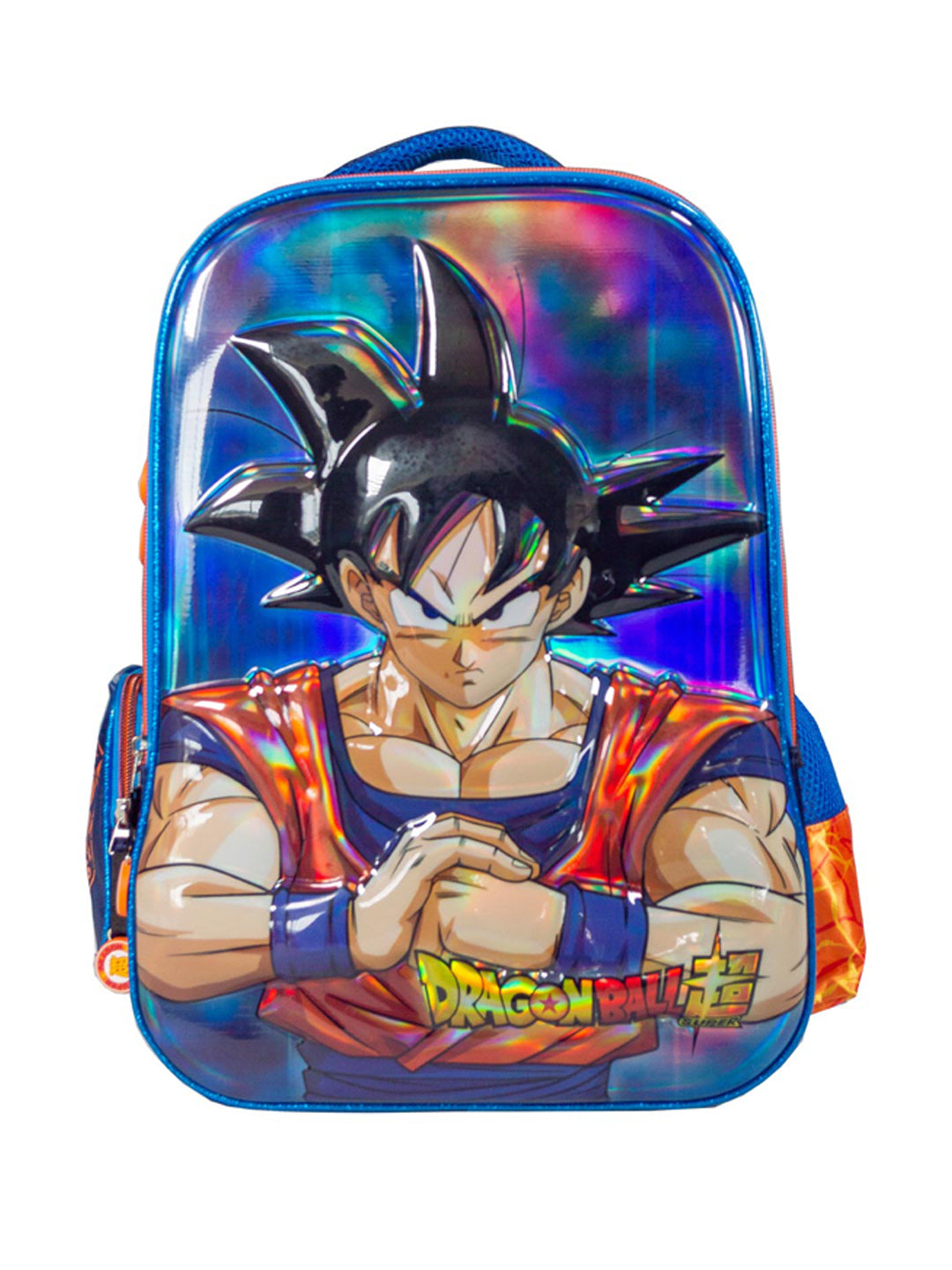 Mochila escolar azul y naranja con diseño holográfico en 3D de Goku de Dragon Ball Super.